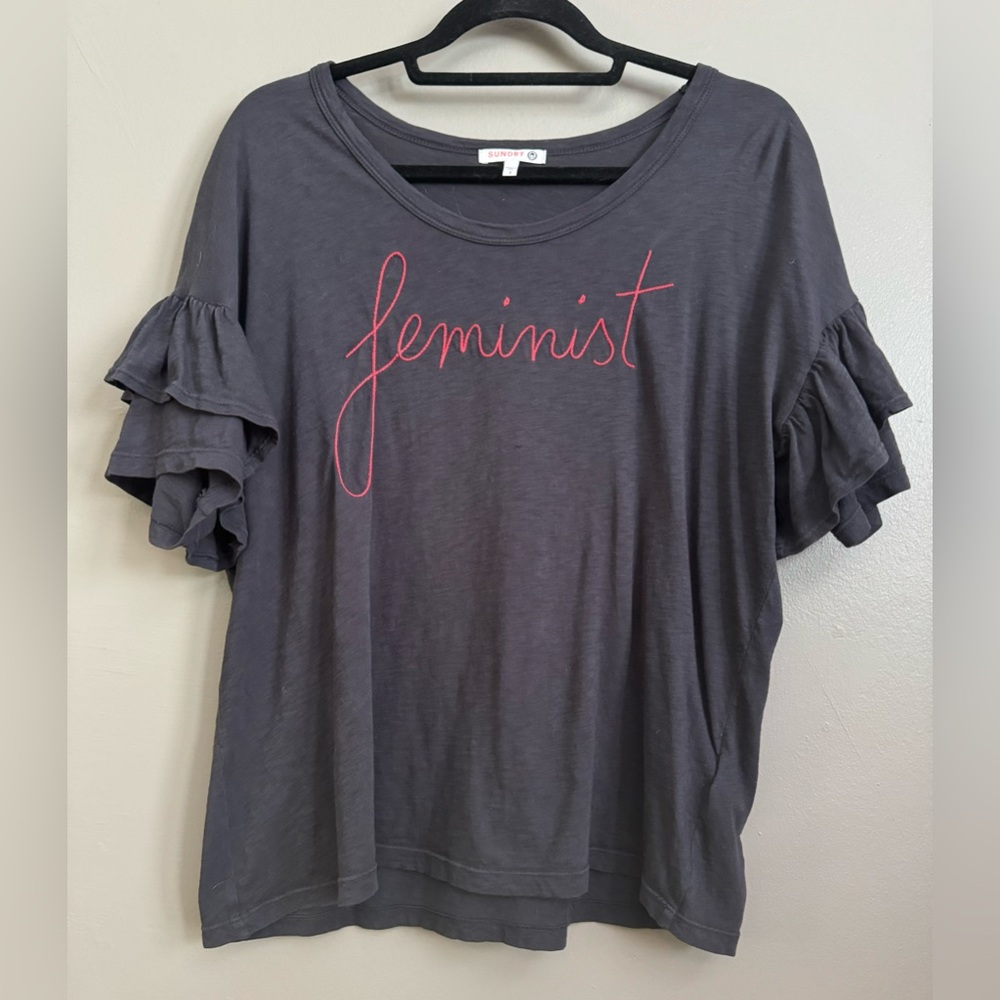 Sundry Embroidered Feminine + Feminist Top. Navy. Ruffled sleeves. Medium.